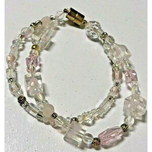 NEW Double Strand Clear Gold Pink Beaded Bracelet Artisan Core Magnetic Clasp 7”